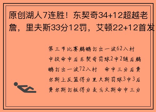 原创湖人7连胜！东契奇34+12超越老詹，里夫斯33分12罚，艾顿22+12首发第二